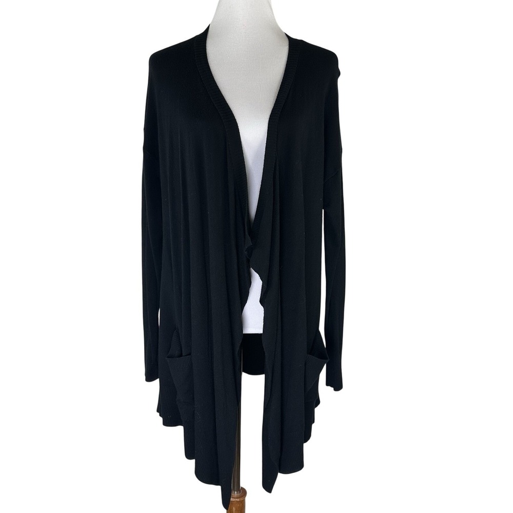 Chico's Long Sleeve Open Front Waterfall Cardigan Sweater Slits Black Womens L 2